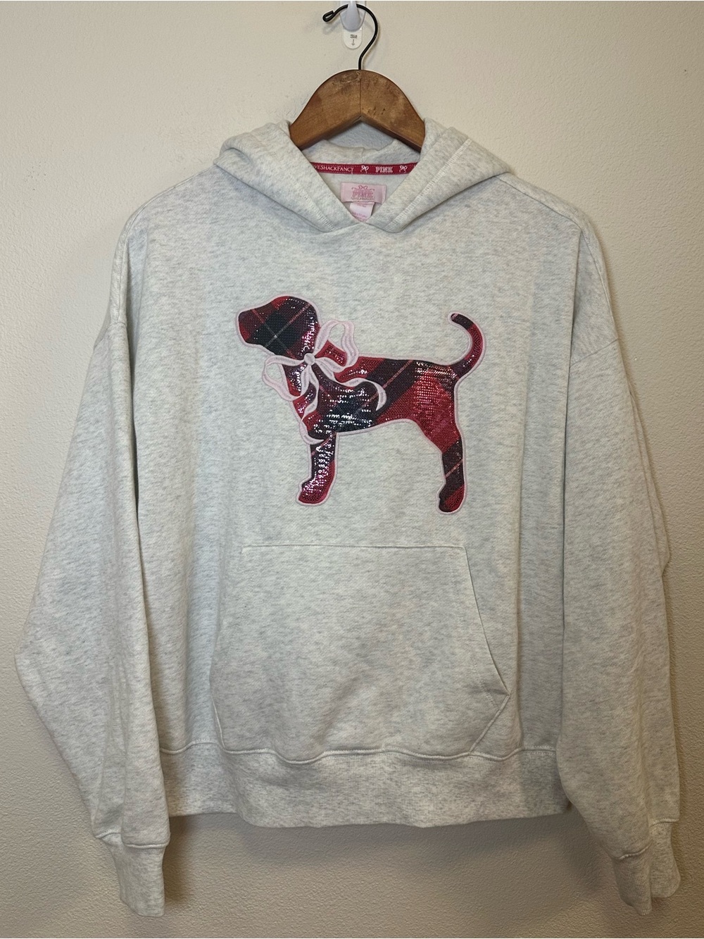 LoveShackFancy Light Gray Hoodie with Pink & Red Dog Applique